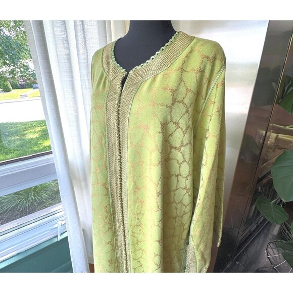 Vintage 70s caftan, chartreuse with golden bronze abstract, traditional robe - Picture 2 of 10